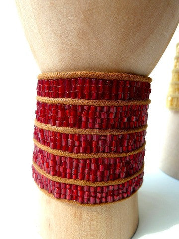 Brazilian Beaded Cuff Red Pink Crystal Gold