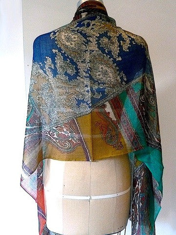 Shawl Silk And Cashmere Royal Teal Purple Paisley