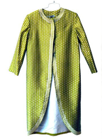 Silk Ikat Green And Silver Open Caftan Cocktail Coat