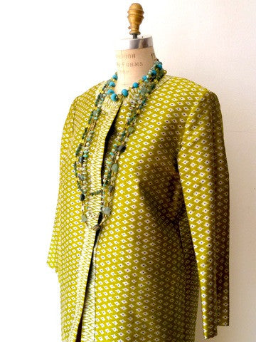 Silk Ikat Green And Silver Open Caftan Cocktail Coat
