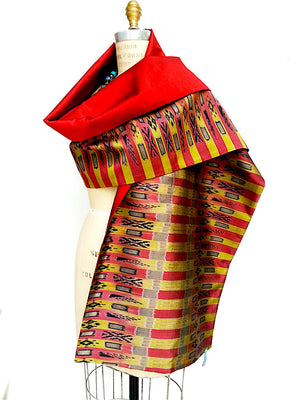 Silk Ikat Double Side Shawl Red Gold Bars
