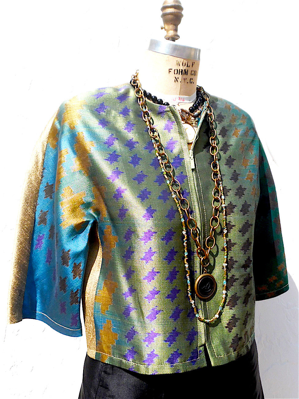 Modern Ikat Couture Cut Jacket Green Gold