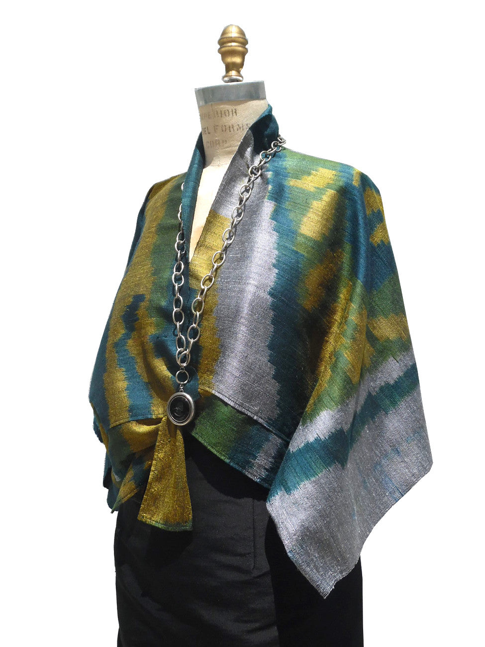 Kimono Style Short Jacket Silk Ikat Blue Green