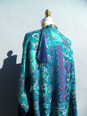 Silk Cashmere Kimono Cape Navy Turquoise Ivory