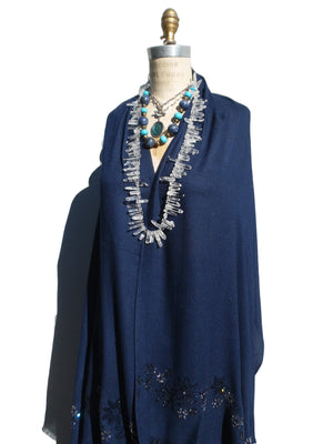 Shawl Silk And Cashmere Navy Blue Crystal Bling Detail