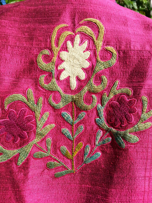 Jean Jacket Vintage Suzani Embroidery Raspberry Emerald