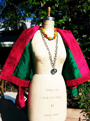 Jean Jacket Vintage Suzani Embroidery Raspberry Emerald