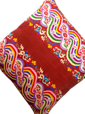 Burmese Silk Pillow Brown Floral Rainbow