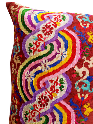 Burmese Silk Pillow Brown Floral Rainbow