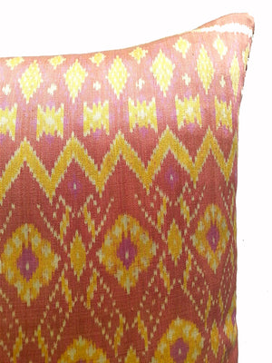 Cambodian Silk Ikat Pillow Salmon Pink and Yellow