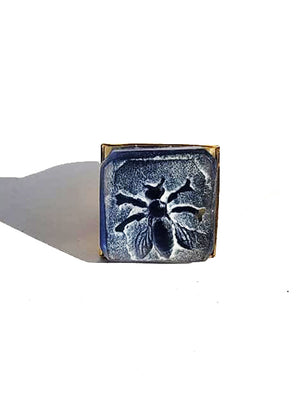 Ring Hand Cast French Glass Blue Bee Square Gold Plated Band