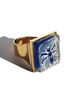 Ring Hand Cast French Glass Blue Bee Square Gold Plated Band