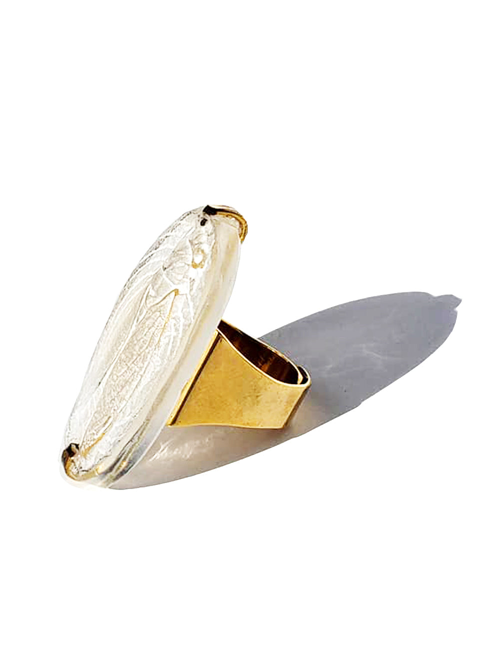 Ring Hand Cast French Glass Beetle Oval Gold Plated Band