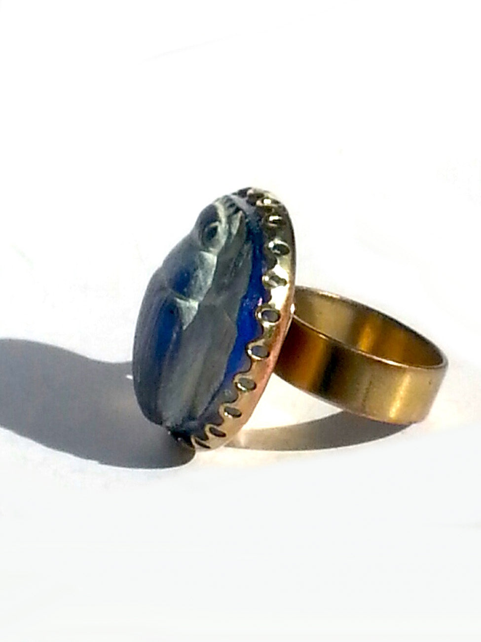 Ring Hand Cast French Glass Beetle Blue