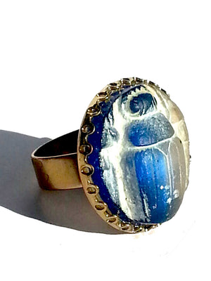 Ring Hand Cast French Glass Beetle Blue