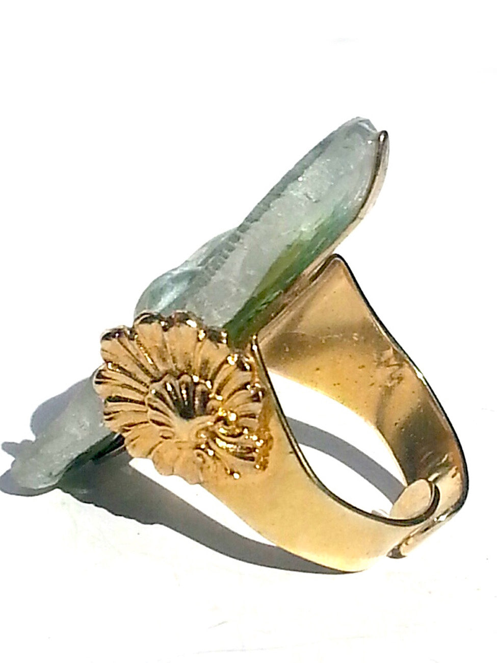 Ring Hand Cast French Glass Bird and Flower Detail Gold Plated Band