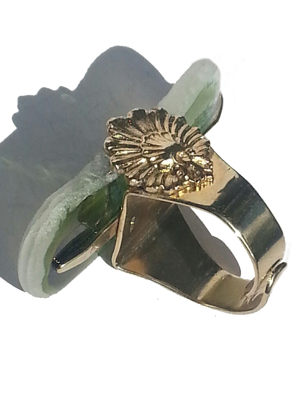 Ring Hand Cast French Glass Bird and Flower Detail Gold Plated Band
