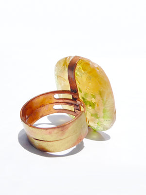 Ring Hand Cast French Glass Amber Green Buddha