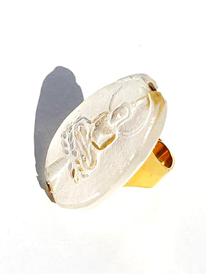 Ring Hand Cast French Glass Buddha Oval Gold Plated Band