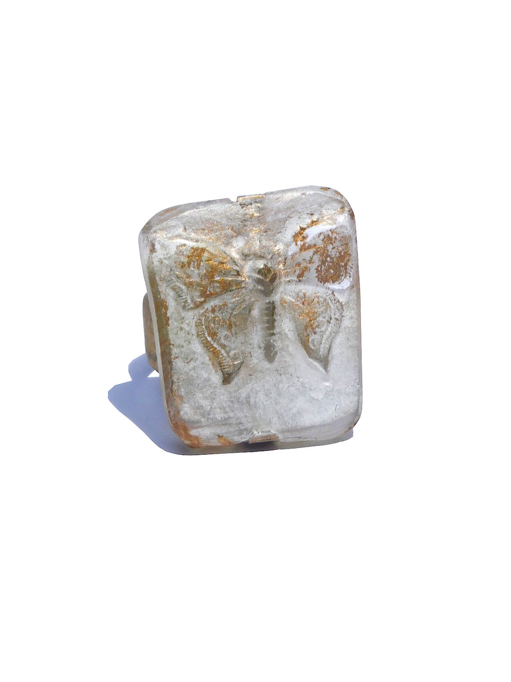 Ring Hand Cast French Glass Butterfly White And Gold