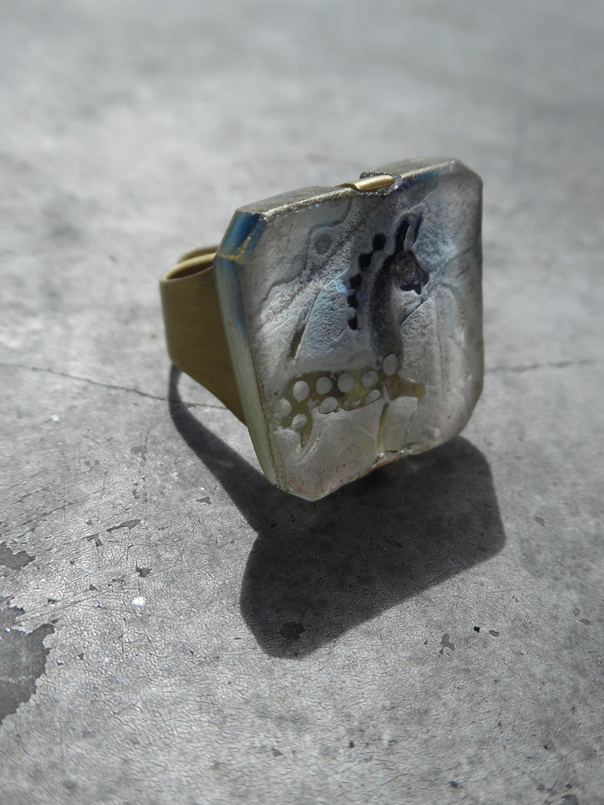 Ring Hand Cast French Glass Deer Blue And White