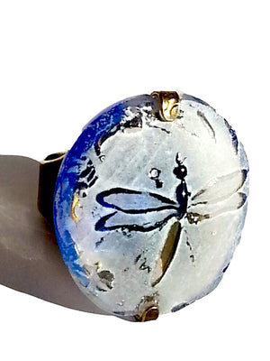 Ring Hand Cast French Glass Dragonfly White and Blue