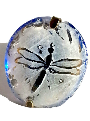 Ring Hand Cast French Glass Dragonfly White and Blue