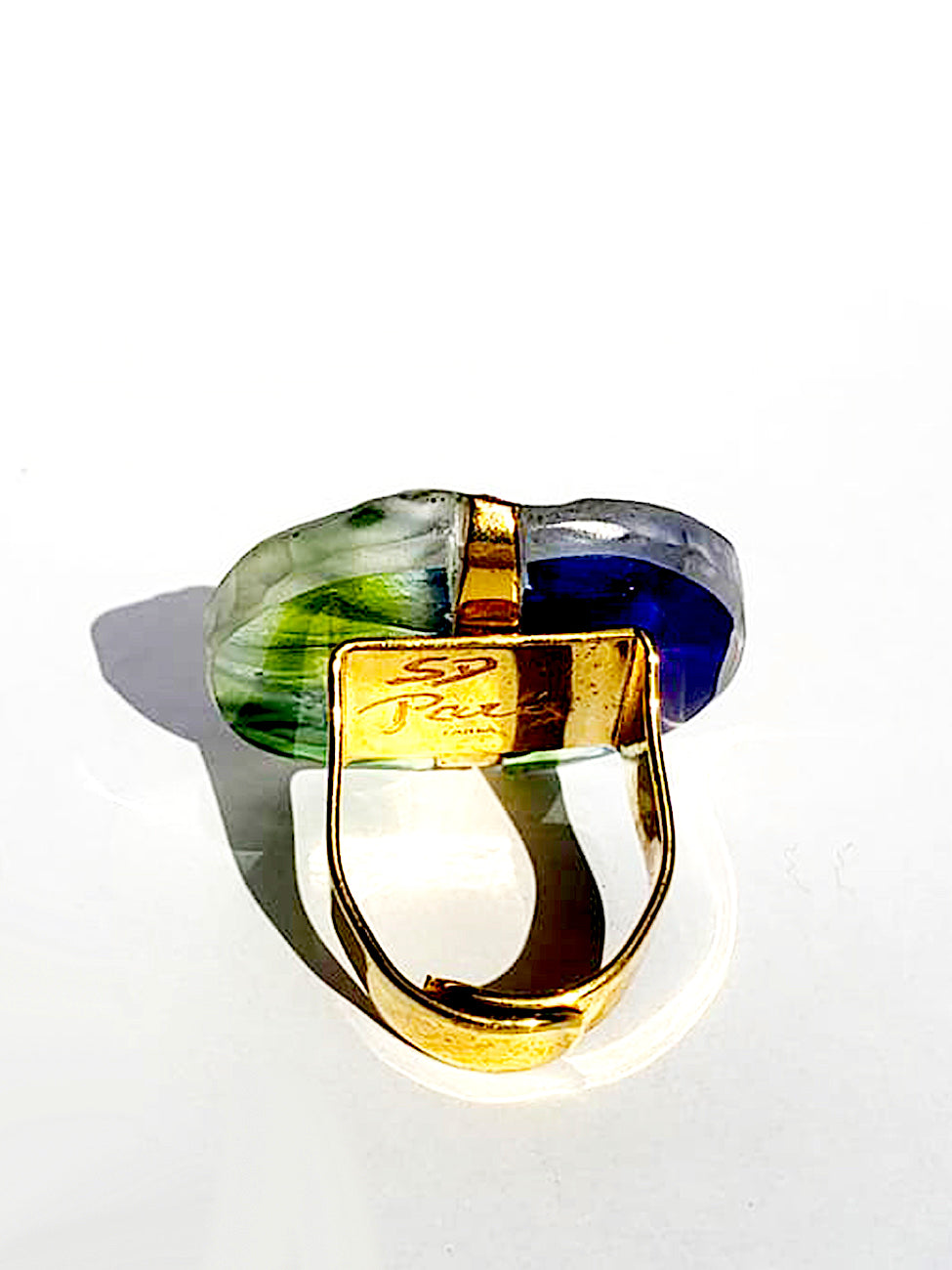 Ring Hand Cast French Glass Dragonfly Square Gold Plated Band