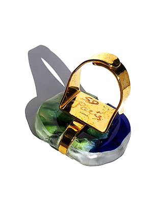 Ring Hand Cast French Glass Dragonfly Square Gold Plated Band