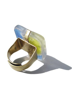 Ring Hand Cast French Glass Eagle Blue And Yellow