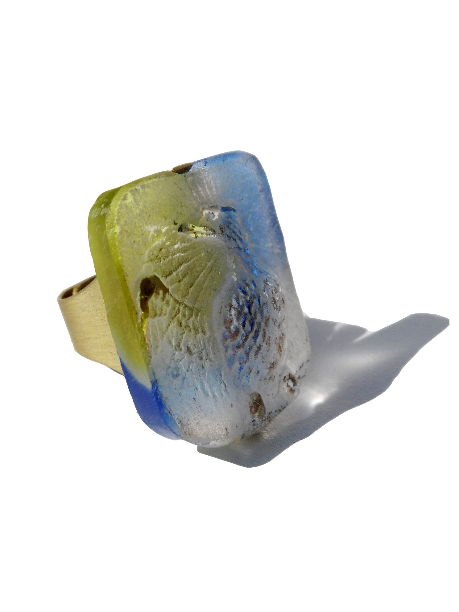 Ring Hand Cast French Glass Eagle Blue And Yellow