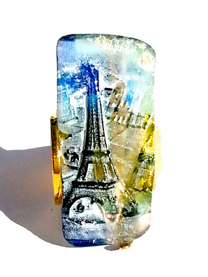 Ring Hand Cast French Glass Eiffel Tower Gold Plated Band