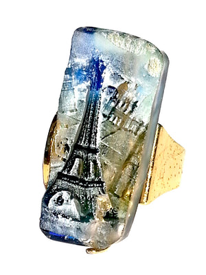 Ring Hand Cast French Glass Eiffel Tower Gold Plated Band