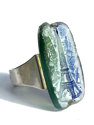Ring Hand Cast French Glass Eiffel Tower Blue Green Silver Plated Band