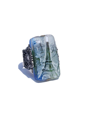 Ring Hand Cast French Glass Eiffel Tower Blue Green