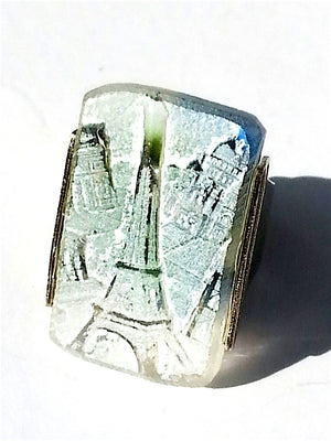 Ring Hand Cast French Glass Eiffel Tower Blue Green 2