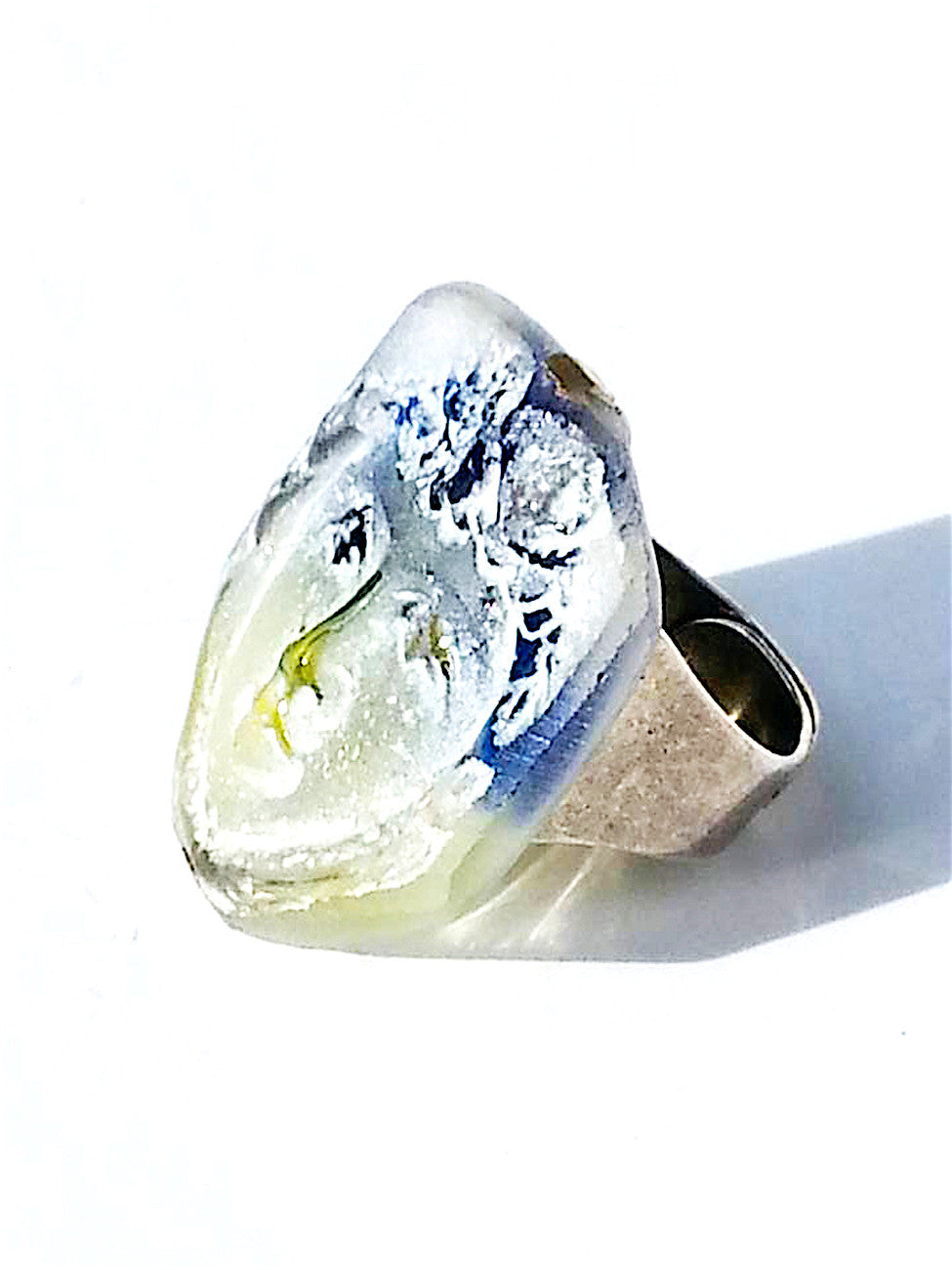 Ring Hand Cast French Glass Heart Face Blue Yellow