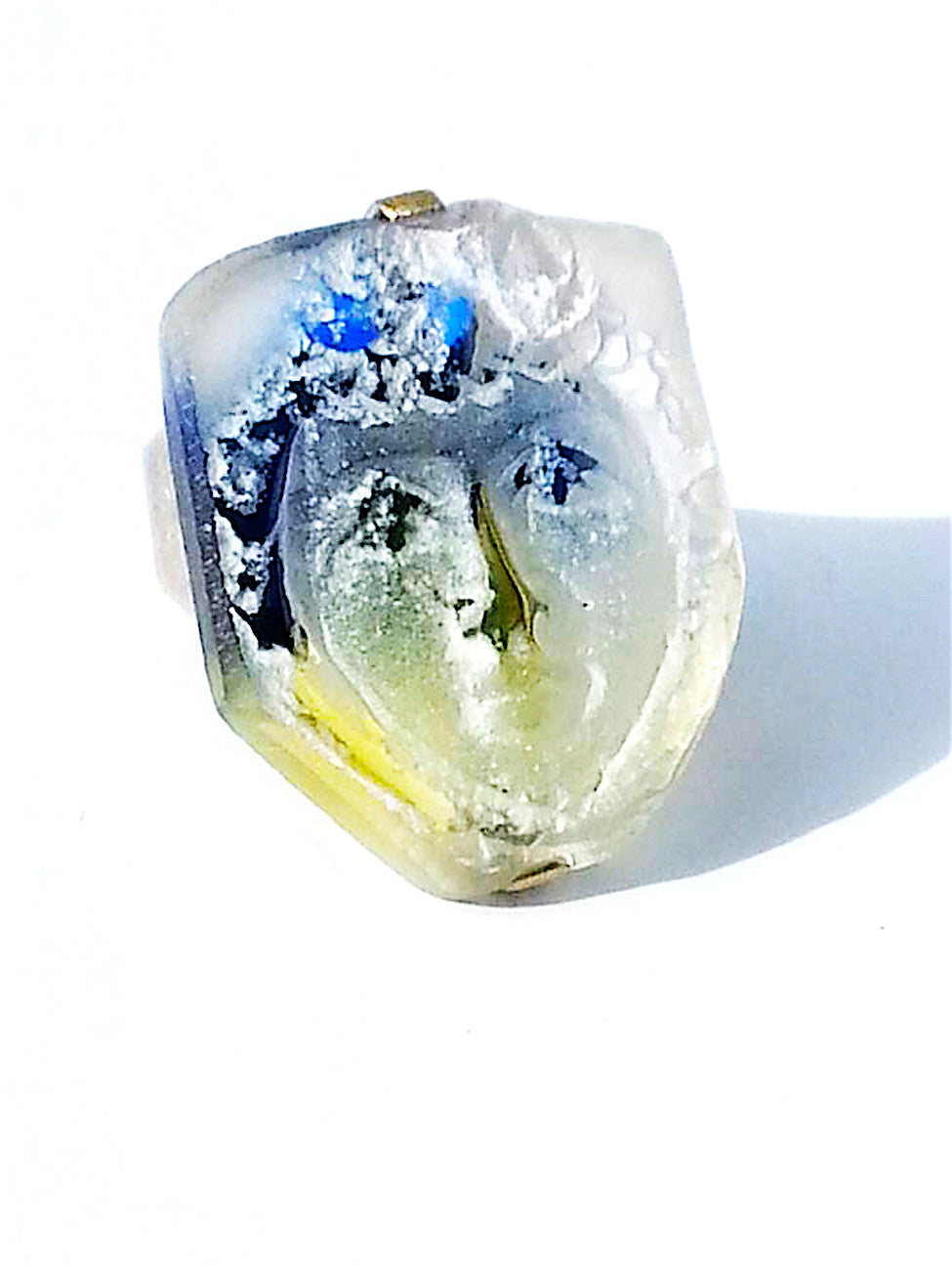Ring Hand Cast French Glass Heart Face Blue Yellow