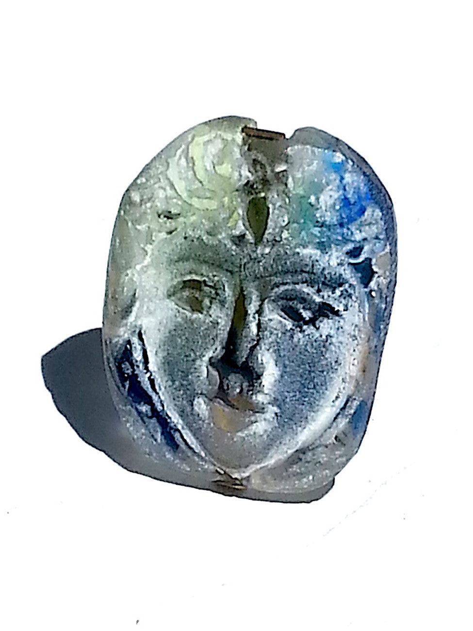 Ring Hand Cast French Glass Heart Face Blue Green