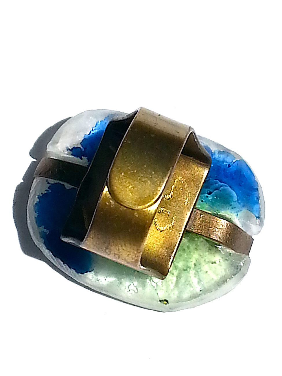Ring Hand Cast French Glass Heart Face Blue Green