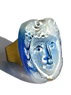 Ring Hand Cast French Glass Face Blue White
