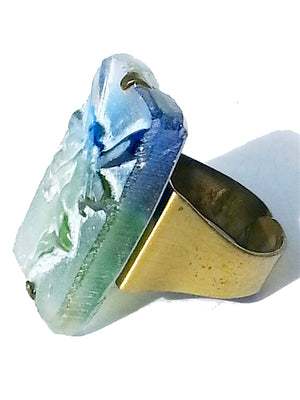 Ring Hand Cast French Glass Fairy Blue Green