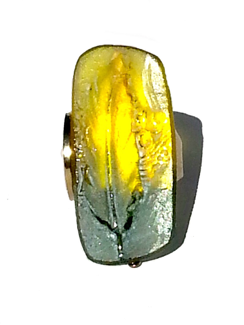 Ring Hand Cast French Glass Feather Green and Yellow Gold Plated Band