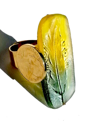 Ring Hand Cast French Glass Feather Green and Yellow Gold Plated Band