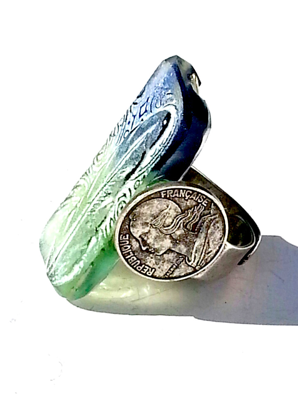 Ring Hand Cast French Glass Feather Silver Plated Band