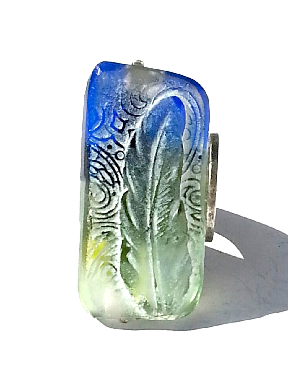 Ring Hand Cast French Glass Feather Silver Plated Band