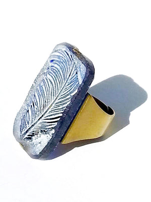Ring Hand Cast French Glass Feather Blue