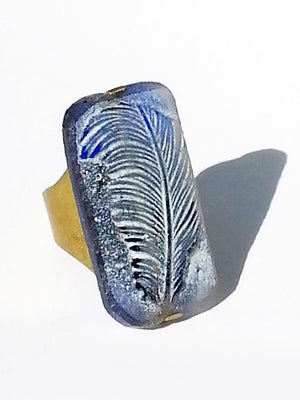 Ring Hand Cast French Glass Feather Blue