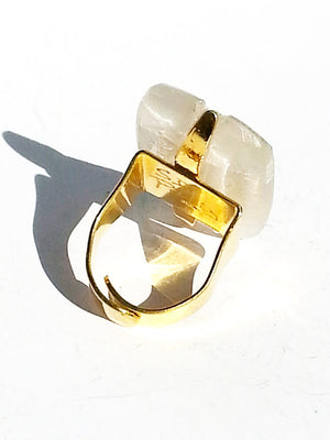 Ring Hand Cast French Glass White Feather Gold Plated Band