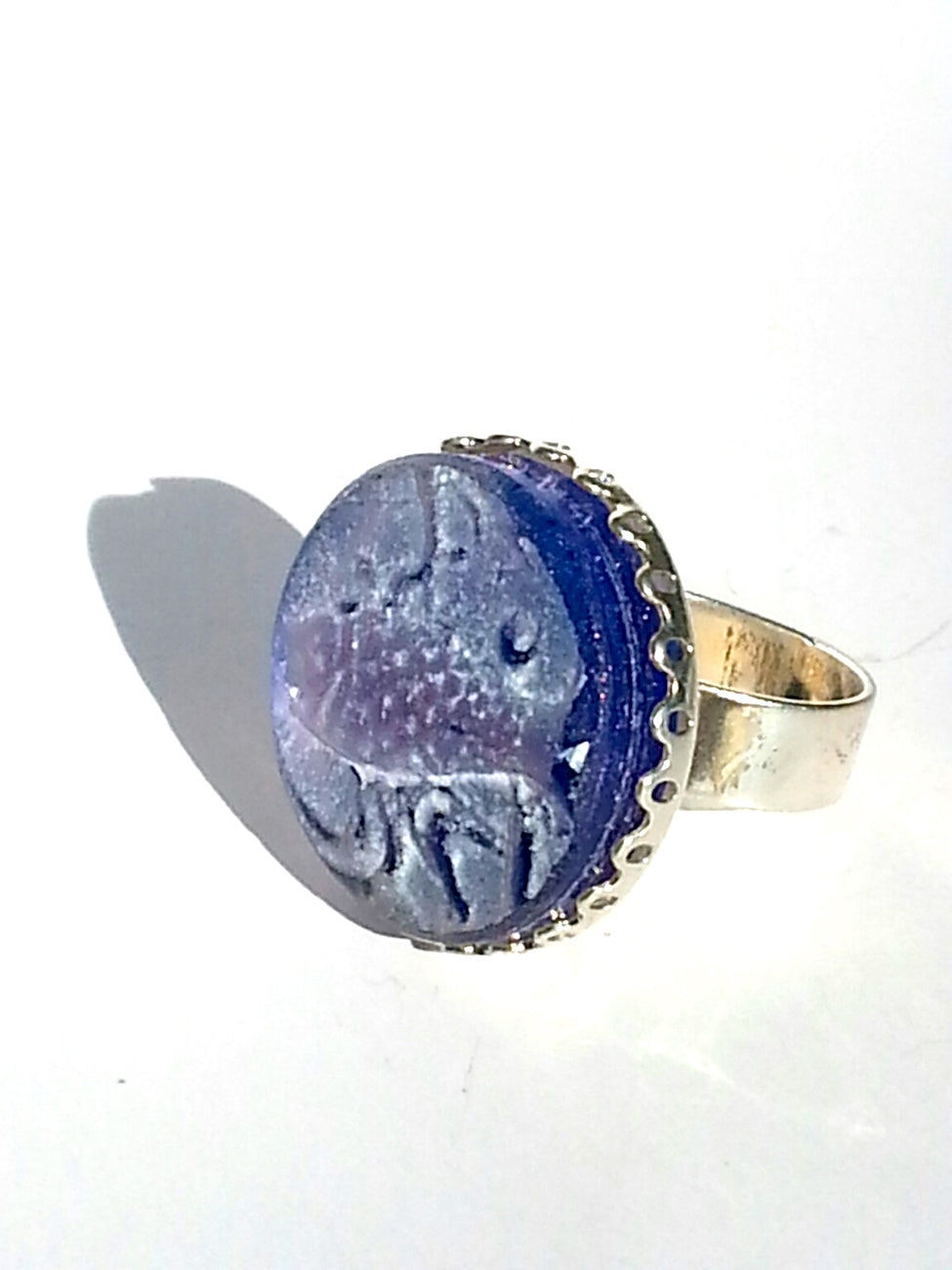 Ring Hand Cast French Glass Fish Blue Silver Plated Band